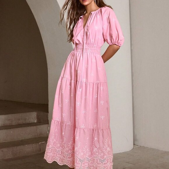 Pink Casual Women's Embroidered Lantern Sleeve Tie-Up Long Dress - Picture 5 of 7